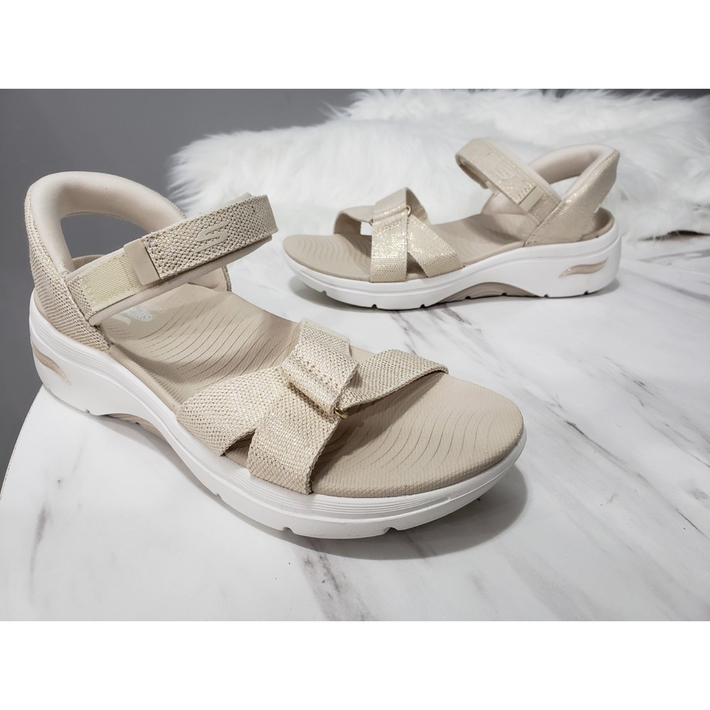 Size 9 WIDE Skechers Slip-ins GO Walk Arch Fit Sandals Ava BEIGE SHIMMER